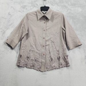 Vintage Tung Tai Shirt Women M Beige Floral Embroidered Lace Applique 3/4 Sleeve